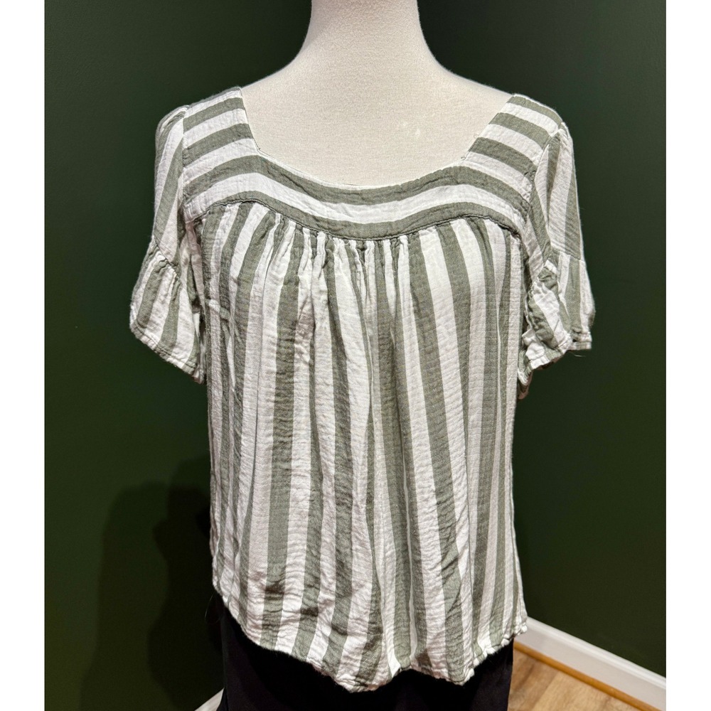 French Laundry Gray & White Striped Square Neck Flutter Sleeve Top Women's L